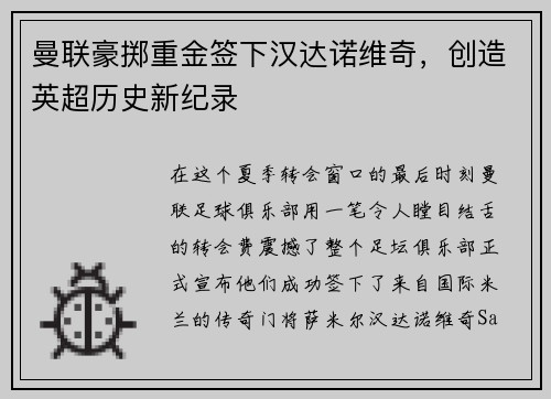 曼联豪掷重金签下汉达诺维奇，创造英超历史新纪录