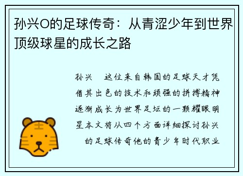 孙兴O的足球传奇：从青涩少年到世界顶级球星的成长之路